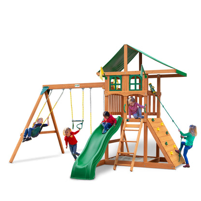 Gorilla Playsets 01-1077 Avalon Treehouse Wooden Swing Set with Oversized Green Vinyl Canopy Roof, Climbing Wall, Ladder, Swings and Slide - WoodArtSupply