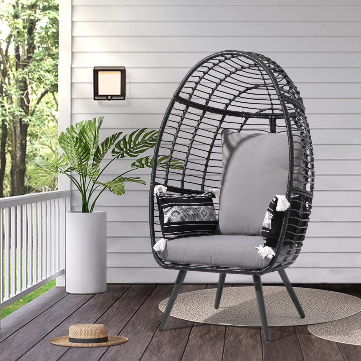 JOIVI Wicker Egg Chair, Oversized Indoor Outdoor Lounger Large Egg Basket Chair with Stand and Cushions for Patio Porch, Backyard, Living Room, Balcony (Black Rattan, Gray Cushion) JOIVI