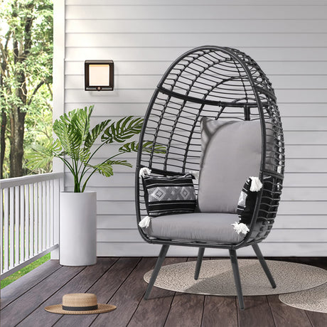 JOIVI Wicker Egg Chair, Oversized Indoor Outdoor Lounger Large Egg Basket Chair with Stand and Cushions for Patio Porch, Backyard, Living Room, Balcony (Black Rattan, Gray Cushion) JOIVI