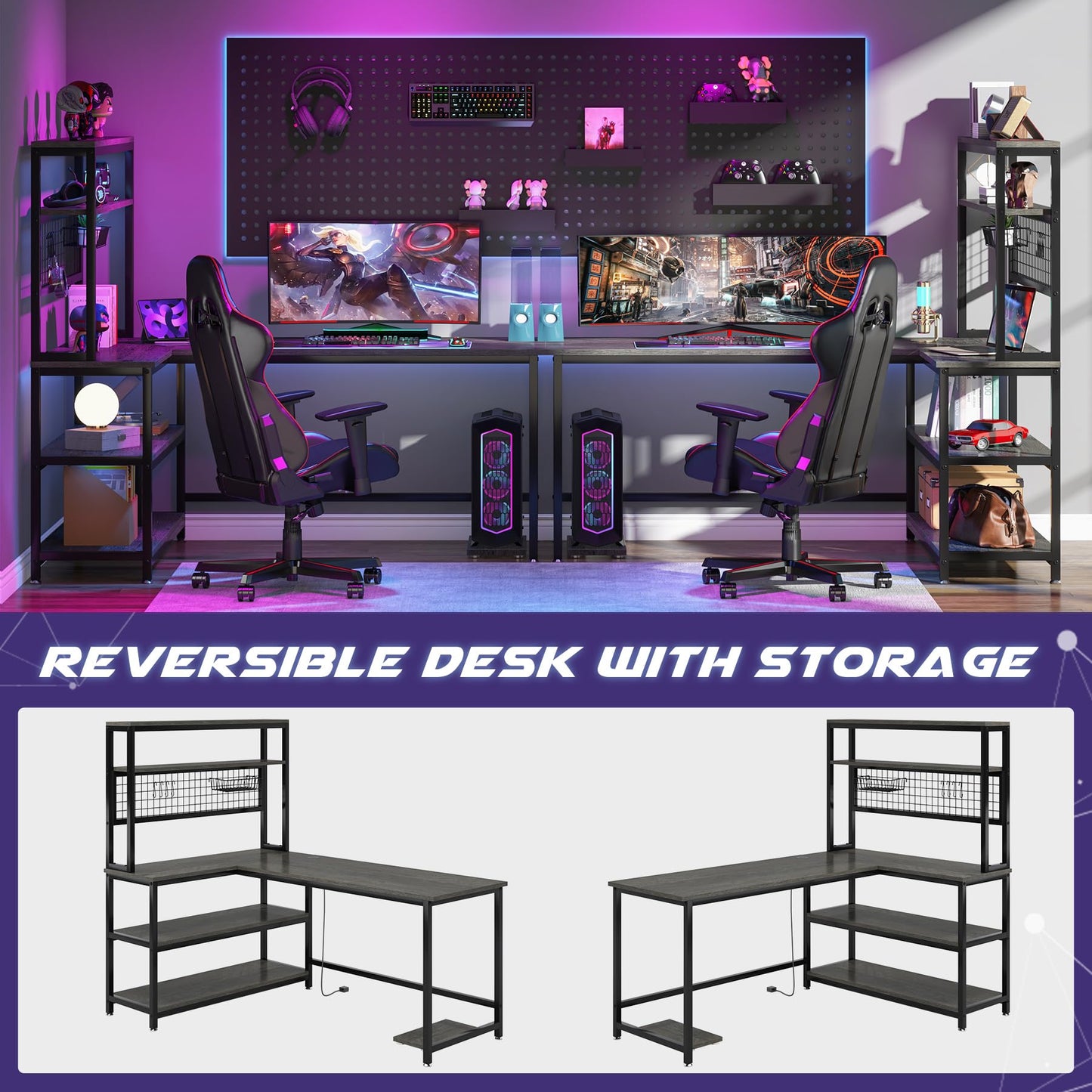 Tribesigns 55" Grey L-Shaped Computer Desk with Wireless Charging and 5 Storage Shelves - WoodArtSupply