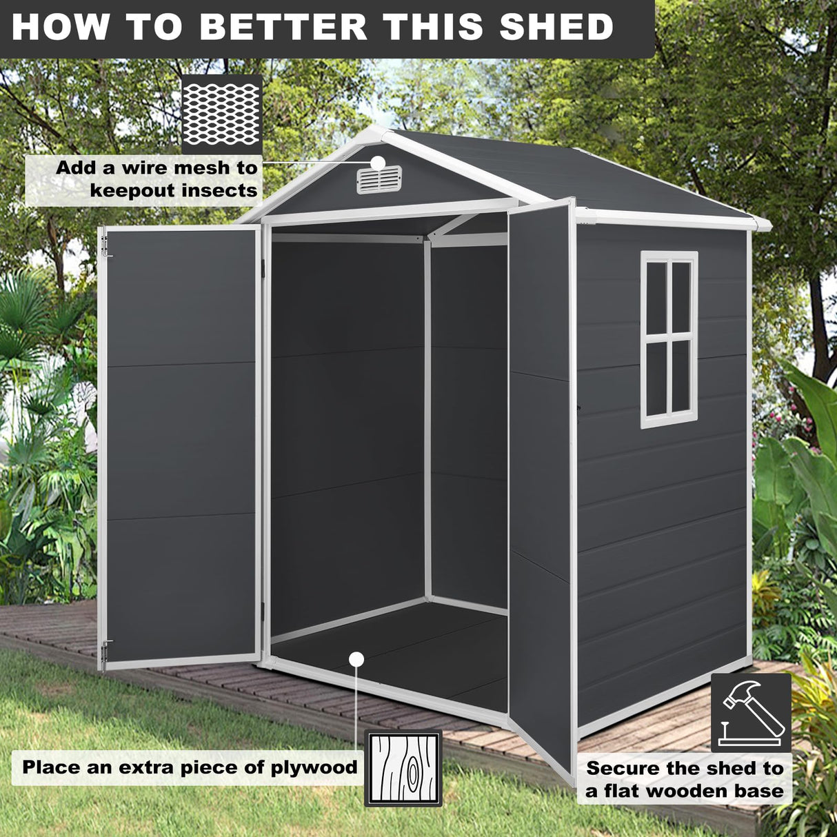 BTMWAY Resin 6x4 FT Outdoor Storage Shed with Floor Included,Small Plastic Shed with Window,Wood-Like Appearance,Water and UV Proof,Double Doors,Garden Tool Storage,Bike Shed,Backyard Shed (Black) BTMWAY