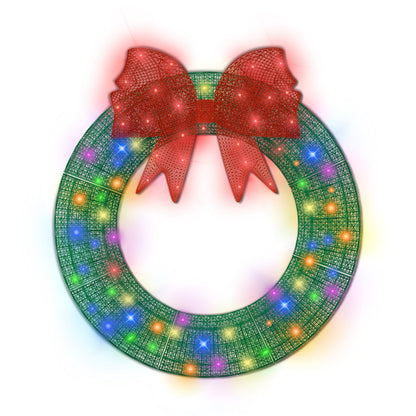 Poolergetic Outdoor 60 in Pre-lit Christmas Wreath, Large Green LED Christmas Wreath Decoration with Bow, Holiday Light Decor for Christmas for Yard, Garage, Door and Window