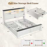 EnHomee Full Size Bed Frame with Headboard, Full Bed Frame with 4 Drawers Charging Port & LED, Farmhouse Bed Full Built in Charging Station,No Box Spring Needed,NO Noise,White with Grain Marks EnHomee