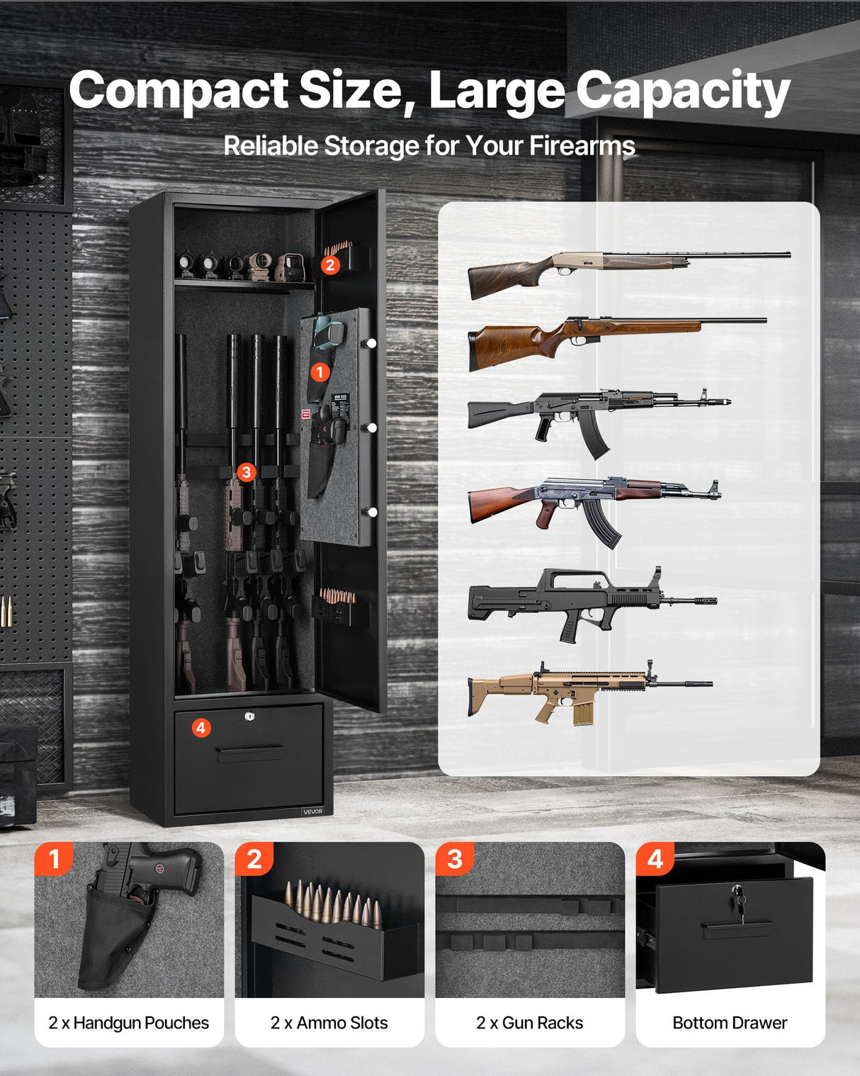VEVOR 4 Gun Safe, Long Gun Cabinet for Rifles and Pistols, Quick Access Rifle Safe with 2 Ammo Slots, 2 Pistol Pockets & 2 Adjustable Racks, Large Digital Cabinet with Key and Password Lock VEVOR