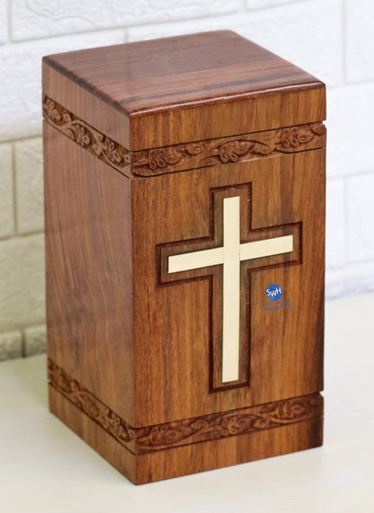 Handcrafted Wooden Urns for Ashes | Cross Engraved Rosewood Urn for Human Ashes | Funeral Pet Urns for Dogs Ashes Large 200 Cubic Inches with Bottom