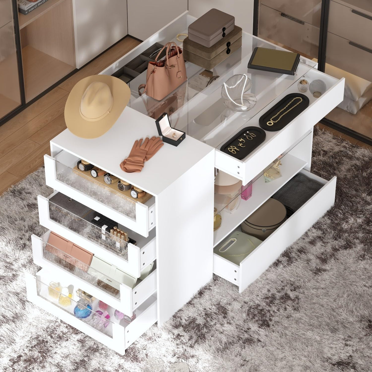 TAMUNE Armoire Bedroom Island Wardrobe Closet Island with 8 Drawers & Glass Tabletop, Walk in Closet Island with Drawers, Island Dresser with Display Shelf, for Bedroom White 47.2”W x 23.6”W x 31.5”H TAMUNE