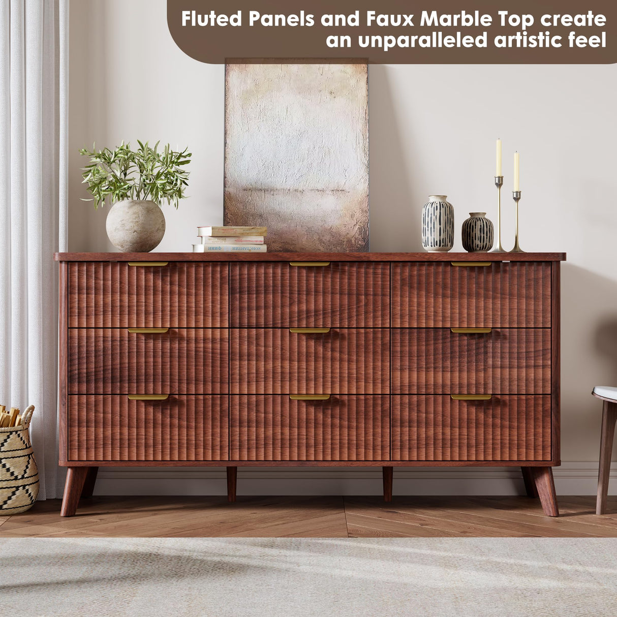 GarveeHome Fluted Dresser for Bedroom with 9 Deep Drawers, 60.6 in Wide Modern Chest of Drawers, Wooden Dresser TV Stand, Curved Profile Design, for Living Room, Kids Room, Hallway, Walnut GarveeHome