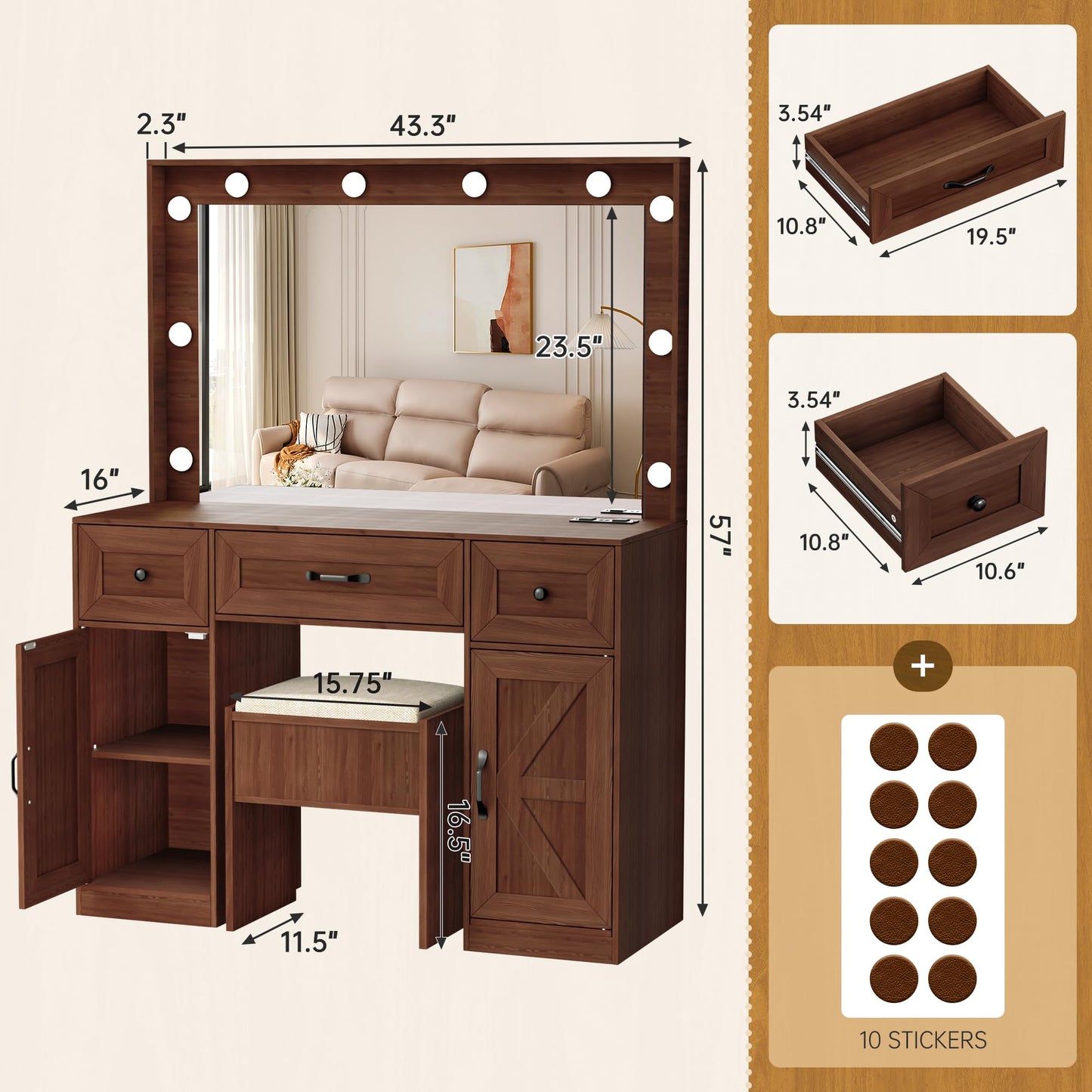 INTERGREAT 57" Makeup Vanity Desk with Large Mirror and 10 LED Lights,Farmhouse Vanity Table with Power Outlet & 5 Drawers,3 Lighting Color Adjustable,Dressing Table for Bedroom,Dressing Room - WoodArtSupply