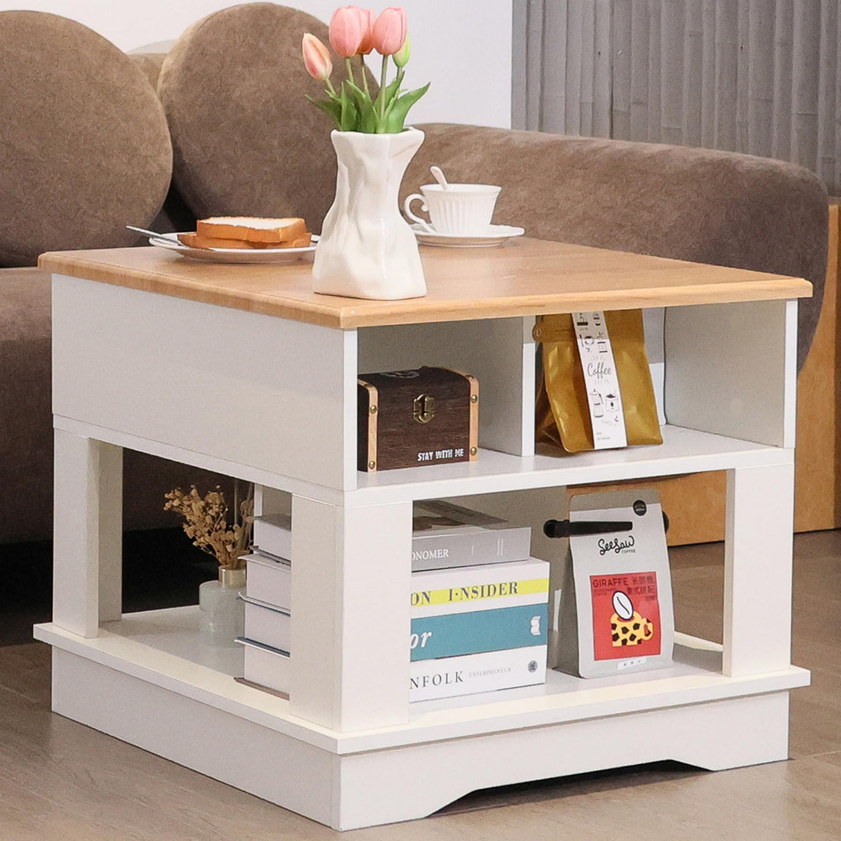 ALBAD Farmhouse Square Coffee Tables Rustic Living Room Center Table with Half Open Storage Space, White & Light Brown ALBAD