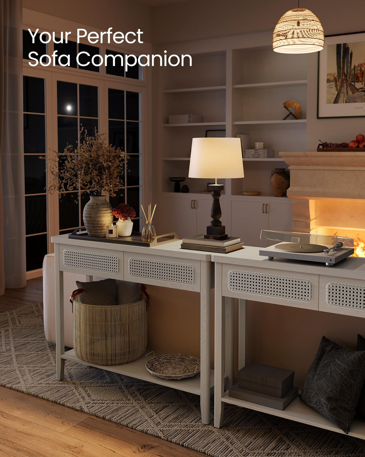 VASAGLE Console Table, Sofa Table, Narrow Entryway Table, Entry Table with 2 Drawers, Open Storage Shelf, Rounded Corners, for Living Room, Boho Style, Oatmeal Beige ULNT016K66 VASAGLE