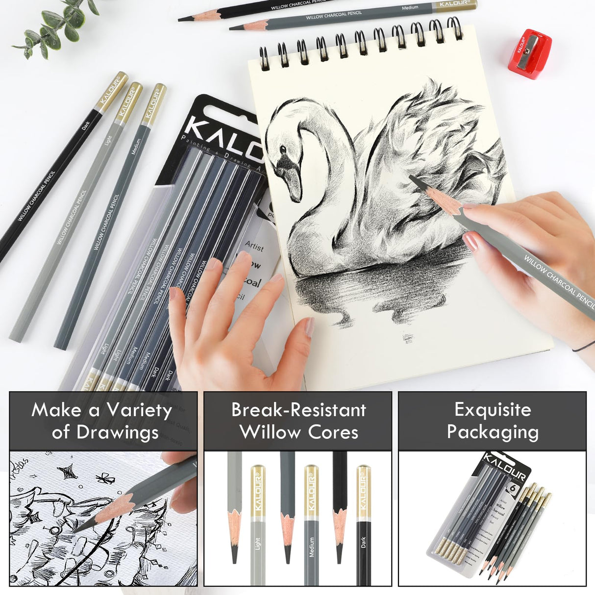 KALOUR PDAS Professional Willow Charcoal Pencil Set - 6 Premium Pencils (Light to Dark Shades) for Drawing, Sketching & Shading, Artist-Grade Tools for Beginners & Professionals KALOUR PDAS