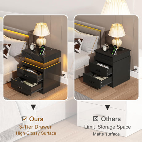ChooChoo LED Nightstand with Charging Station,Smart Night Stand with Sliding Top Storage, 2-Drawers High Gloss Bedside Table, Modern End Table for Bedroom,Black ChooChoo