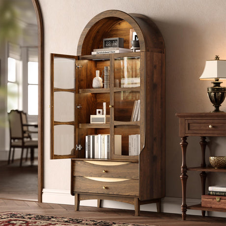 STO'SENSE 73" Tall Arched Bookshelf with LED Lights,4-Tier Modern Farmhouse Arched Bookcase with Glass Doors and Shelves,Wooden Display Cabinet with 2 Drawers for Living Room, Dining Room (Walnut) STO'SENSE