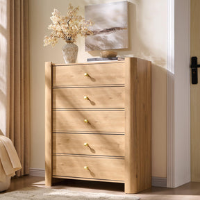 IFGET Modern 5 Drawer Dresser for Bedroom, Wooden Chest of Drawers with Curved Profile Design, 39.6" Tall Wood Dresser with Golden Metal Handle for Bedroom, Living Room, Hallway, Natural IFGET