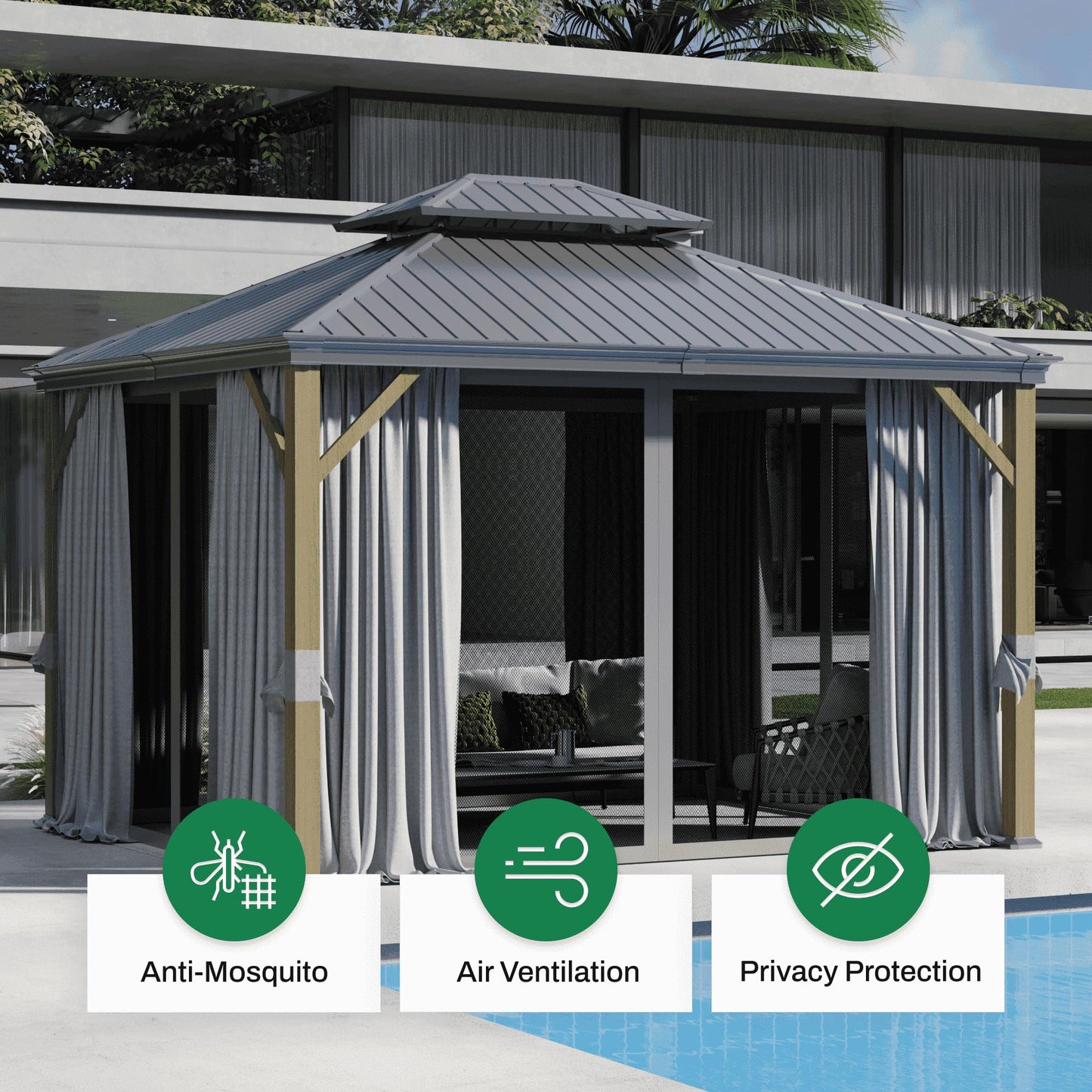 Florise 10x12 Ft Hardtop Gazebo, Heavy Duty Aluminum Frame Permanent Pavilion, Outdoor Double Roof Canopy, Curtain and Netting Included, Pergolas for Patios, Garden, Backyard, Lawns