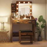 Garveehome Vanity Desk with Mirror and Lights, Makeup Vanity with Power Outlet & Cushioned Stool, 3 Lighting Modes Adjustable Brightness, Dressing Table with Hairdryer Holder for Bedroom, Rustic Brown GarveeHome