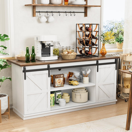 Shahoo Farmhouse Sideboard Buffet Cabinet, Coffee Bar Storage with Sliding Barn Doors, Shelf for Home Dining Room, 27.5 Height, White - WoodArtSupply