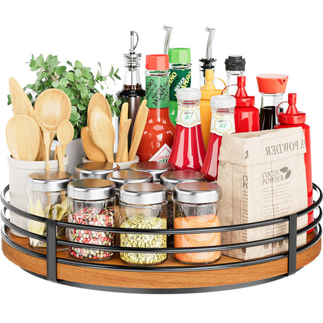 12" Lazy Susan Turntable Organizer - Oak Wood Lazy Susan for Cabinet Kitchen Countertop Dining Table Pantry Cupboard Bathroom Coffee Bar Storage Spice Rack Home Decor OVICAR