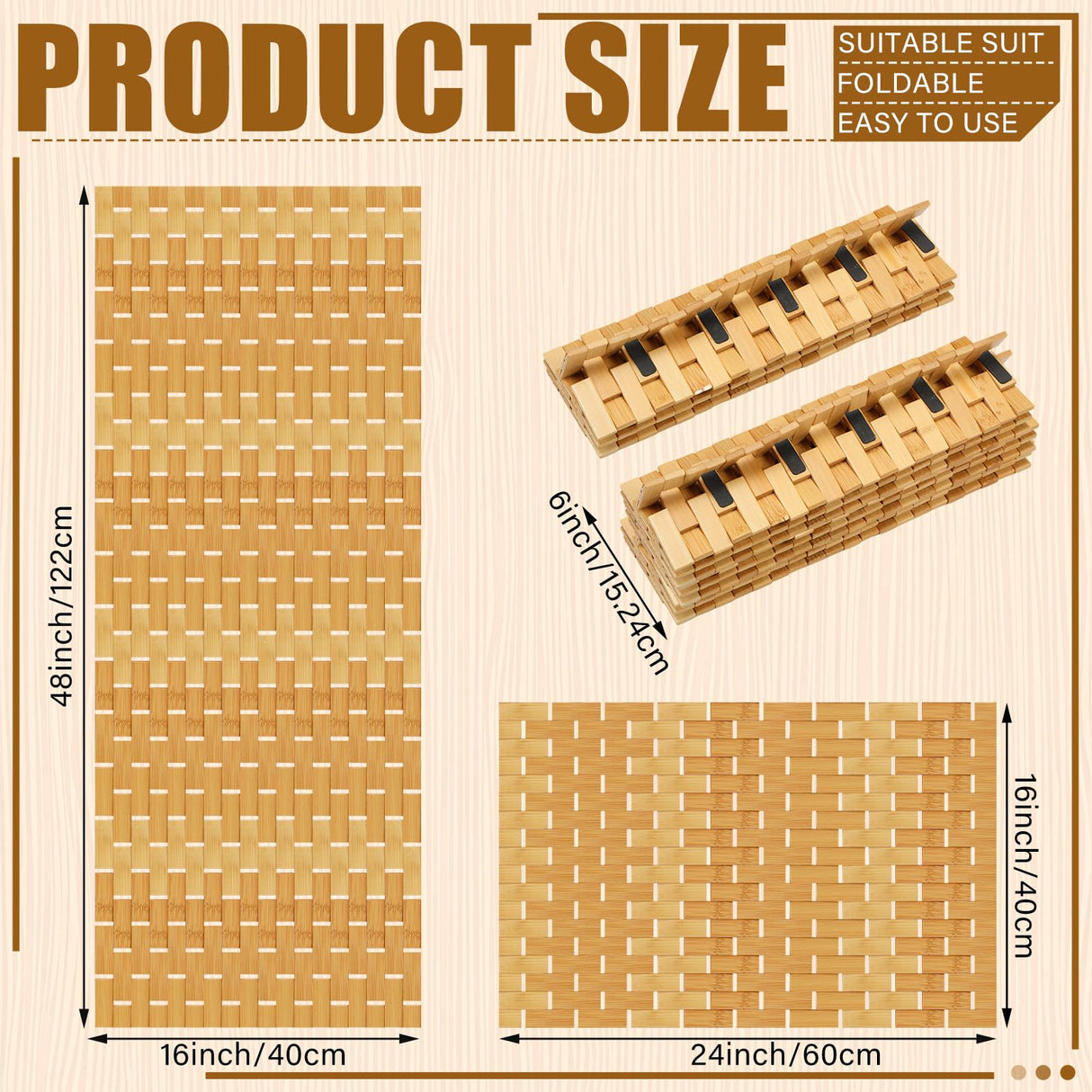 Barydat 2 Pcs Bathroom Bamboo Bath Mat Set Long Large Bathtub Non Slip Bamboo Shower Mat Floor Wooden Rug Waterproof Bathmat for Bathroom Accessory Spa Kitchen Outdoor, 16 x 48 Inch and 16 x 24 Inch Barydat