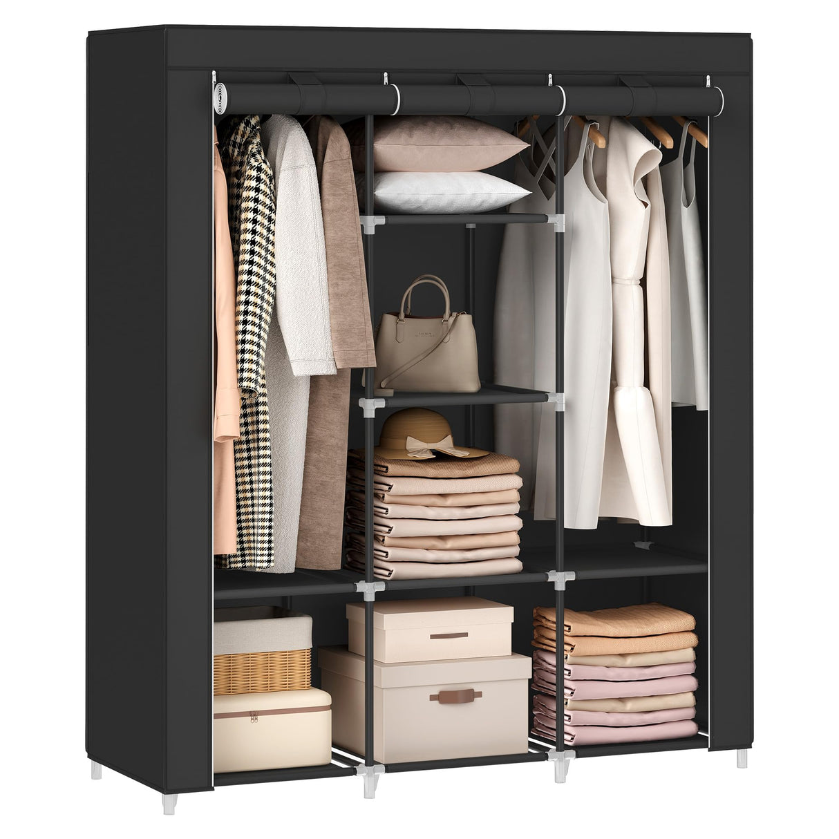 SONGMICS Portable Closet, 51.2 Inch Large Capacity Wardrobe Closet Organizer with Fabric Cover, Hanging Rods and Shelves, 51.2 x 17.7 x 66.1 Inches, for Bedroom, Living Room, Ink Black URYG096B01 SONGMICS