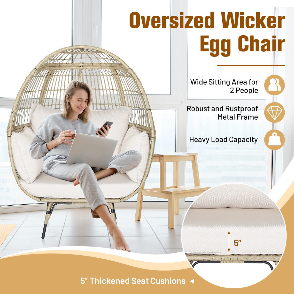 Tangkula PE Wicker Egg Chair, Patiojoy Oversized Indoor Outdoor Patio Lounge Chair with Cushions and Pillows, Steel Frame Basket Chair for Garden, Deck, Balcony, Living Room (Light Brown) Tangkula