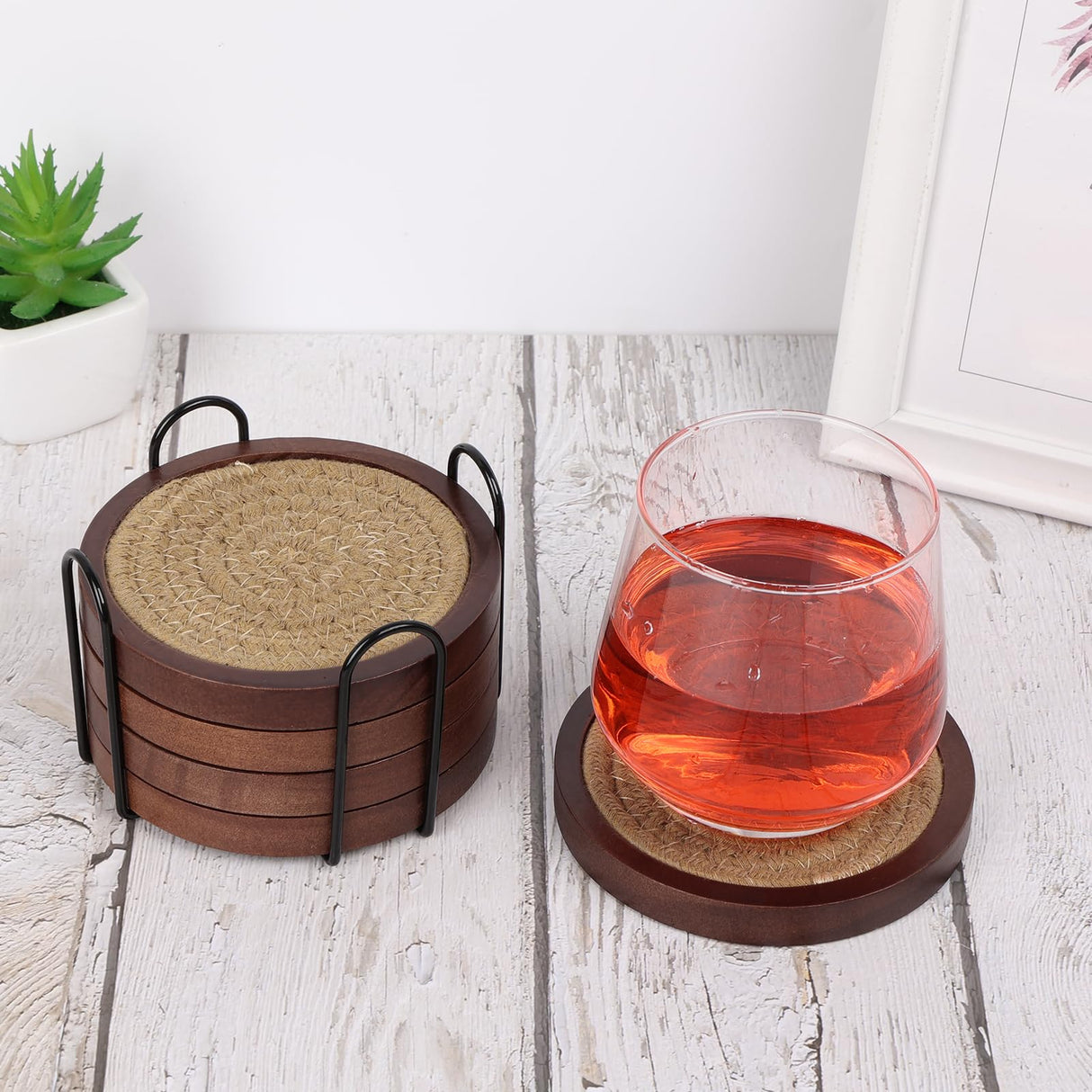 Mckanti 5 Pack Wood Coasters for Drinks with Cotton Coasters Insert, Wooden Coasters with Holder for Coffee Table Decor, Absorbent Coasters for Kinds of Cups, 4.3 Inches Mckanti