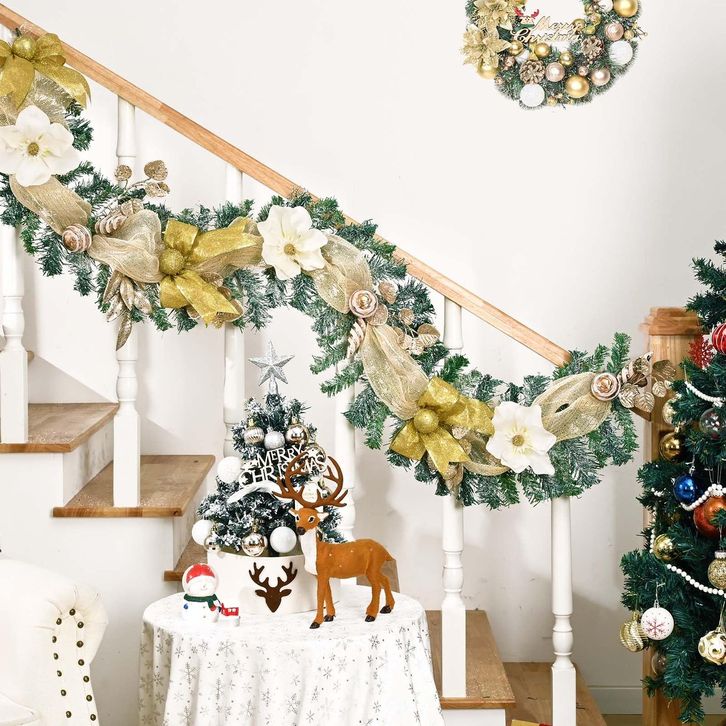 Christmas Garland Decorations, 5.9 FT Luxury Christmas Garland for Mantle, Christmas Flocked Garland with Gold Bows Ribbons Magnolia for Front Door Fireplace Table Home Decor