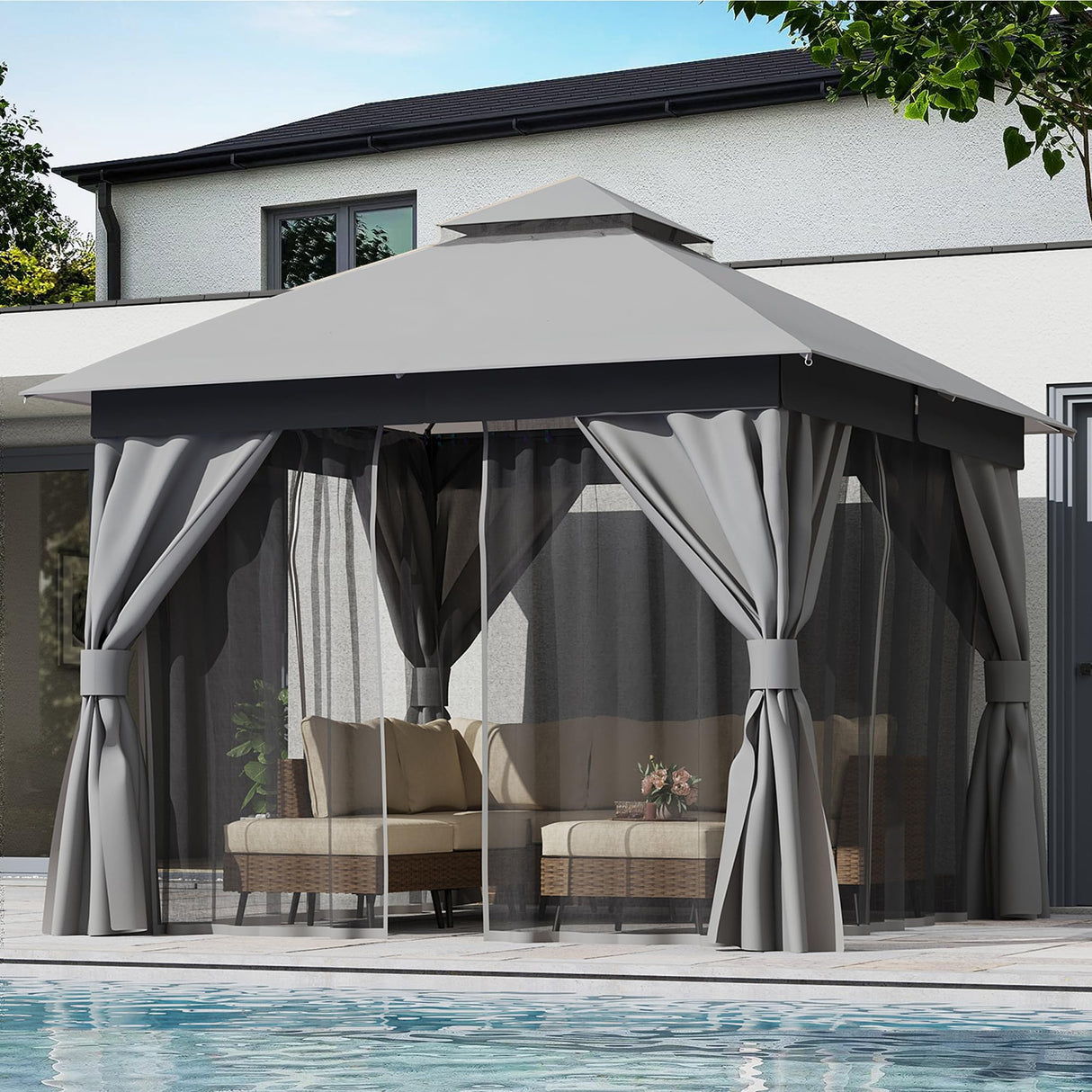 LAUSAINT HOME Outdoor Patio Gazebo 10'x10' with Expansion Bolts, Heavy Duty Gazebos Shelter Party Tent with Double Roofs, Mosquito Nettings and Privacy Screens for Backyard, Garden, Lawn, Smoke Grey LAUSAINT HOME