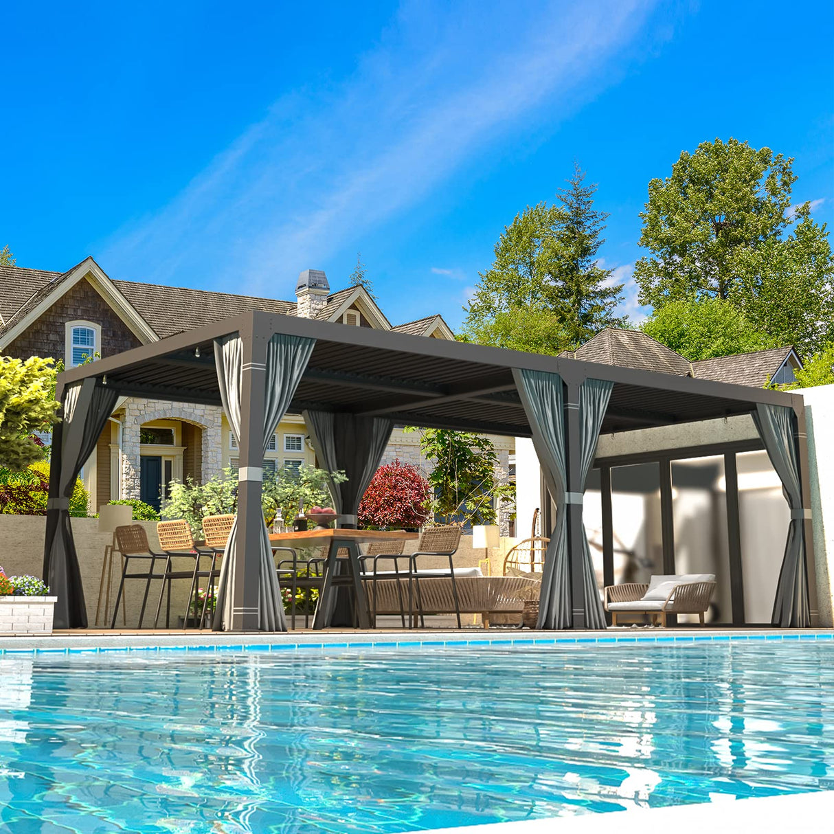 EROMMY Louvered Pergola 10' x 20' Outdoor Hard Top Pergola with Aluminum Frame and Adjustable Metal Rainproof Roof for Garden & Patio, Curtains and Netting Included, Gray-Black EROMMY