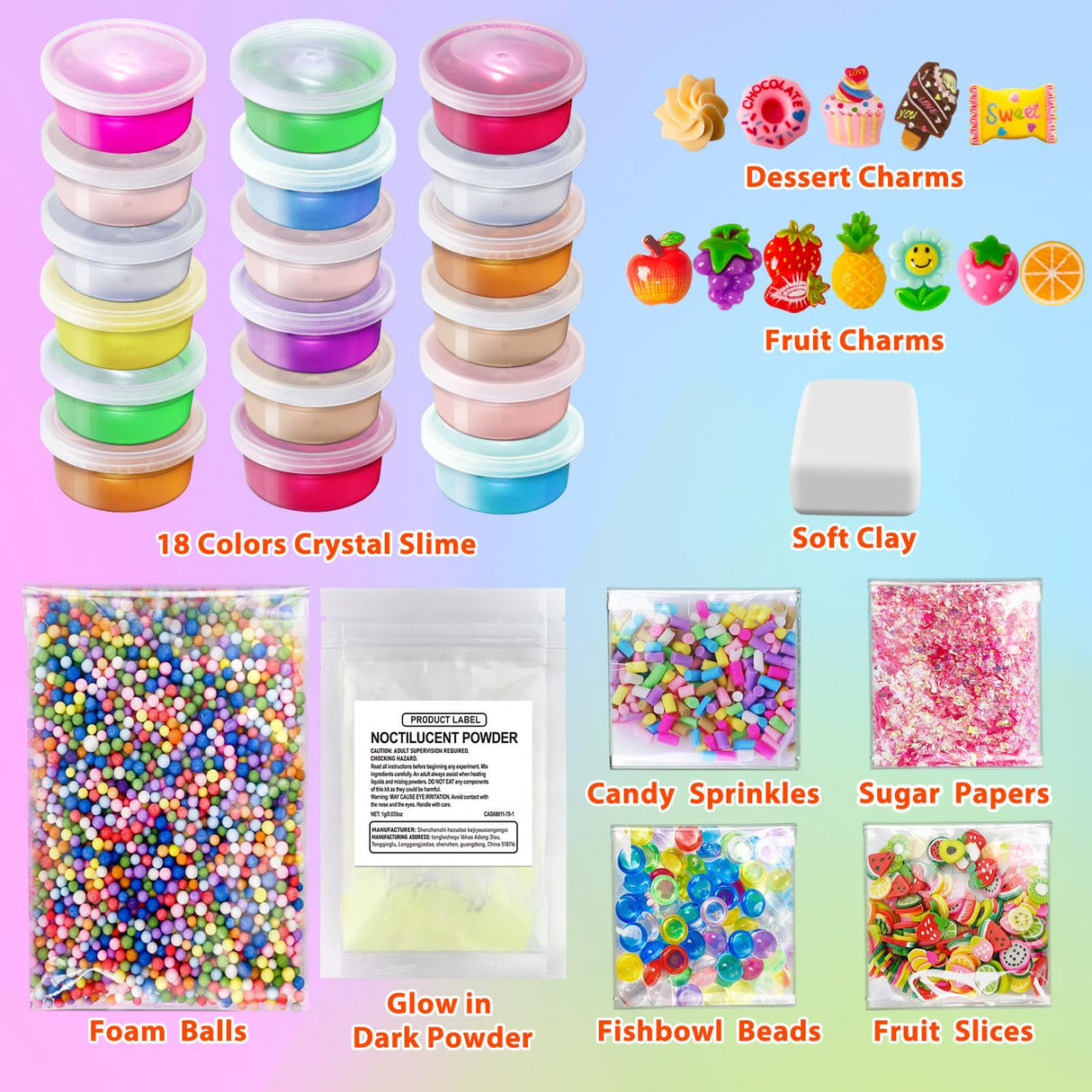 18 Cups DIY Slime Kit, Slime Making Kit for Girls, Crystal Clear, Glow in The Dark Slime with Add-ins, Foam Balls, Charms, Party Favors Gift Toys for Kids 3-12 YOPINSAND