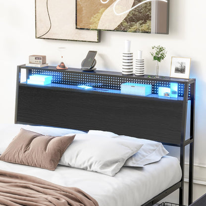 EtherealZYF Black Queen Bed Frame with LED Headboard, Charging Station & 4 Storage Drawers - WoodArtSupply