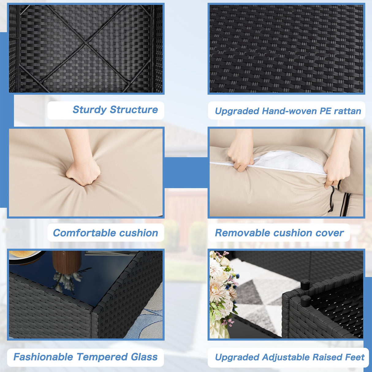 Shintenchi 5 Pieces Outdoor Patio Sectional Sofa Couch, Black PE Wicker Furniture Sets, Patio Conversation Sets with Washable Cushions Glass Coffee Table for Garden, Poolside, Backyard,(Khaki) Shintenchi