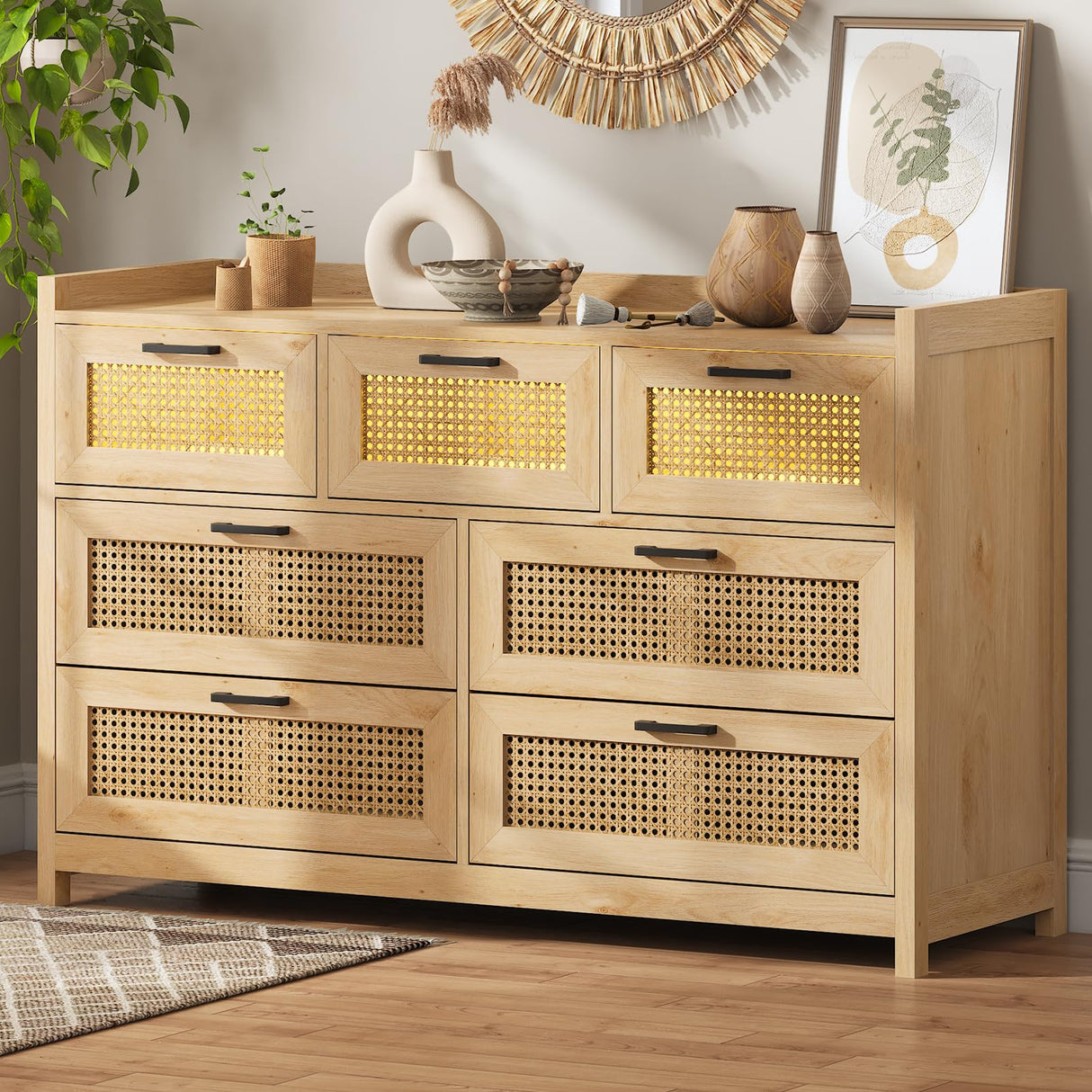 OTMCOOUCH Rattan Dresser for Bedroom with 7 Drawers, Natural Rattan Modern Wooden Wide Led Bedroom Dresser with Led Lights, Chest of Drawers for Bedroom, Living Room (7 Drawers) OTMCOOUCH