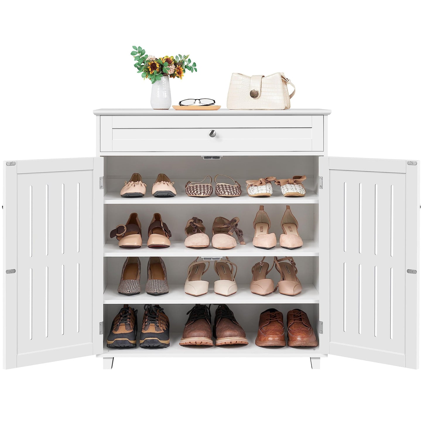 Yaheetech Shoe Cabinet, 4-Tier Shoe Storage Cabinet with Drawer & Adjustable Shelves, Wooden Shoe Rack Organizer with Louvered Doors for Entryway, Hallway, Bedroom, Closet, Living Room, White - WoodArtSupply