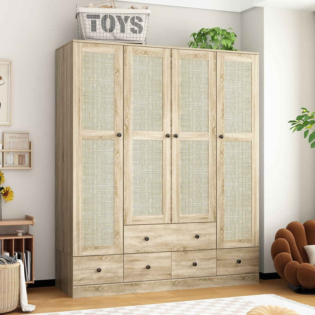 MOUMON 4 Rattan Door Wardrobe with Shelves and Drawers, Armoire Wardrobe with 2 Clothing Rods, Armoires and Wardrobes for Bedroom Oak (59”W x 19”D x 70.9”H) MOUMON