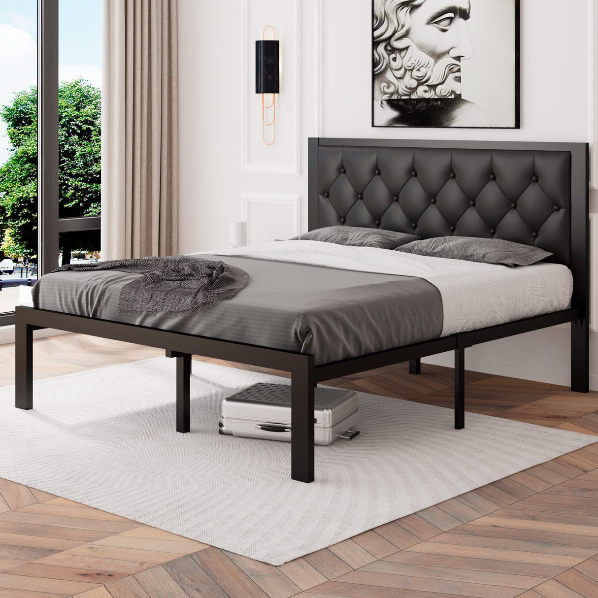 Feonase Queen Size Metal Bed Frame with Faux Leather Button Tufted Headboard, Heavy-Duty Platform Bed Frame with 12" Storage, Steel Slats Support, No Box Spring Needed, Noise Free, Black Feonase