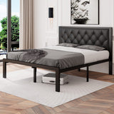 Feonase Queen Size Metal Bed Frame with Faux Leather Button Tufted Headboard, Heavy-Duty Platform Bed Frame with 12" Storage, Steel Slats Support, No Box Spring Needed, Noise Free, Black Feonase