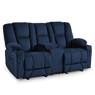 MCombo 74.4" Zero Gravity Power Loveseat Recliner with Console, Heat and Vibration Massage, Reclining Loveseat Sofa with USB Ports, Cup Holders for Living Room, Fabric 6035SET (Navy Blue)