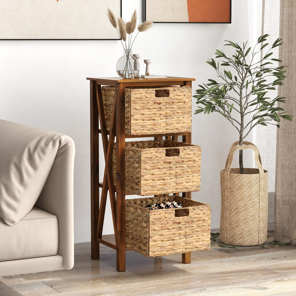Giantex 3-Tier Nightstand with 3 Wicker Baskets, Wooden X-Design Side Table End Table, Beside Table with Acacia Wood Legs, Mid Century Accent Storage Cabinet for Small Spaces, Bedroom, Walnut Giantex