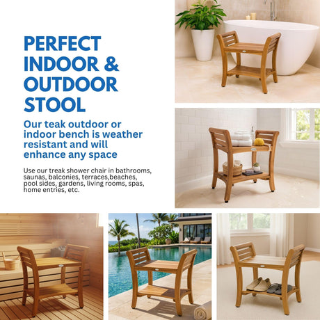 EcoDecors Symmetry 24 Inch Natural Color Waterproof Teak Wood Shower Bench Stool Seat Chair For Inside Shower Storage Shelf Provides Safety, Storage, and Organization For Bathroom Accessories EcoDecors