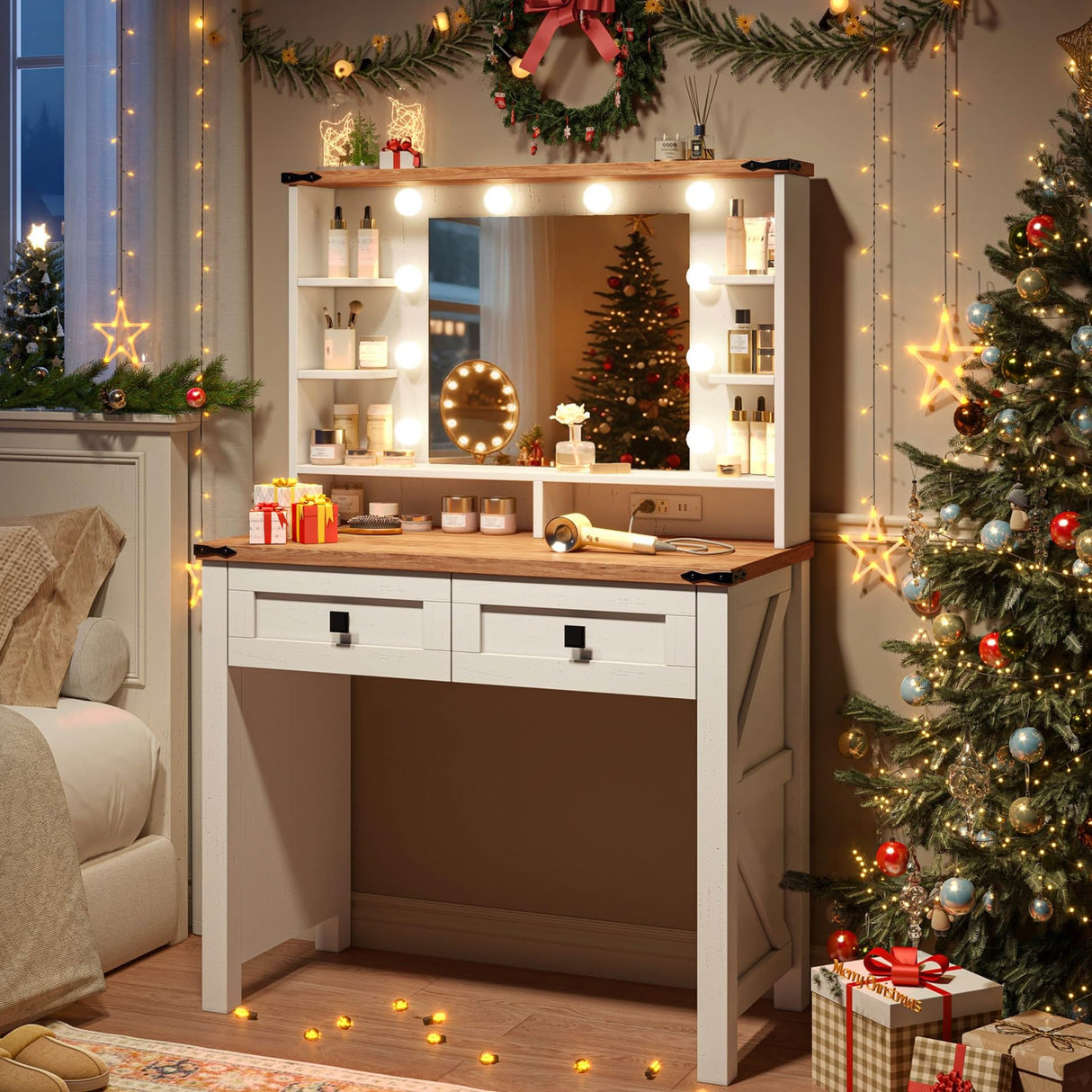 EnHomee Small Vanity Desk with Mirror and Lights, Makeup Vanity Table with 2 Drawers, White Vanity Dressing Table with Charging Staion for Bedroom, Dressing Room EnHomee