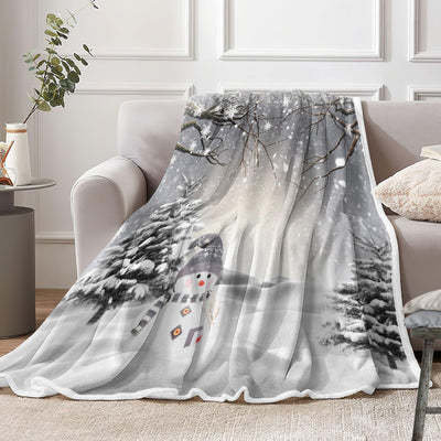 Christmas Throw Blanket, Winter Snowman Snowflake Christmas Fleece Blanket, Xmas Trees Soft Plush Warm Cabin Throw for Couch Sofa Bed Decor 50" x 60"