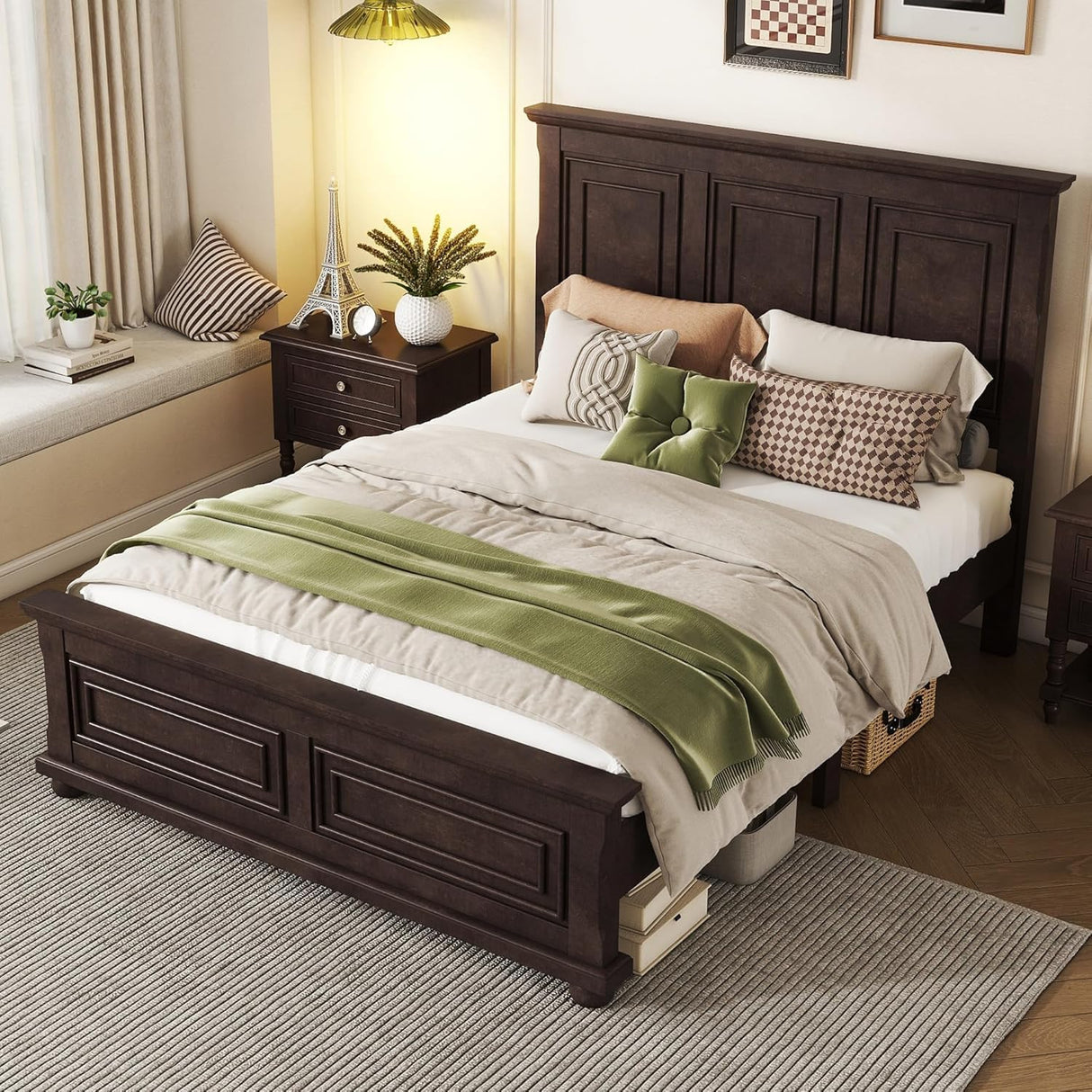 Mirightone Wood Queen Bed Frame with Tall Headboard and Footboard, Rustic Queen Panel Bed with Under Bed Storage, Farmhouse Style, Noise-Free, No Box Spring Needed, Antique Brown Mirightone