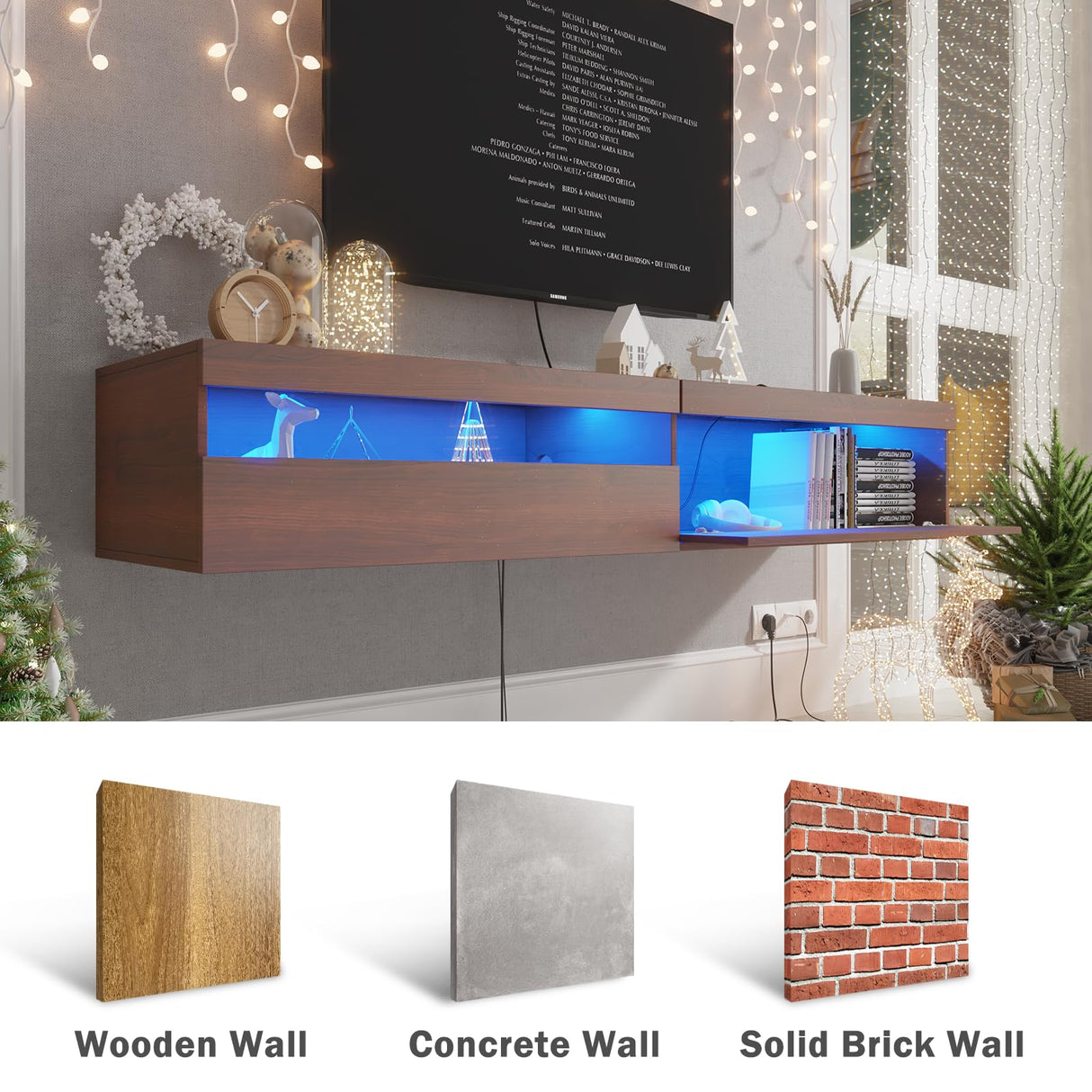 ANTISTA Floating TV Stand with Led Lights, 71 inch Wall Mounted TV Shelf with Power Outlet, Modern Entertainment Center Media Console with Storage Cabinet, Up to 80 Inch TVS, Walnut ANTISTA