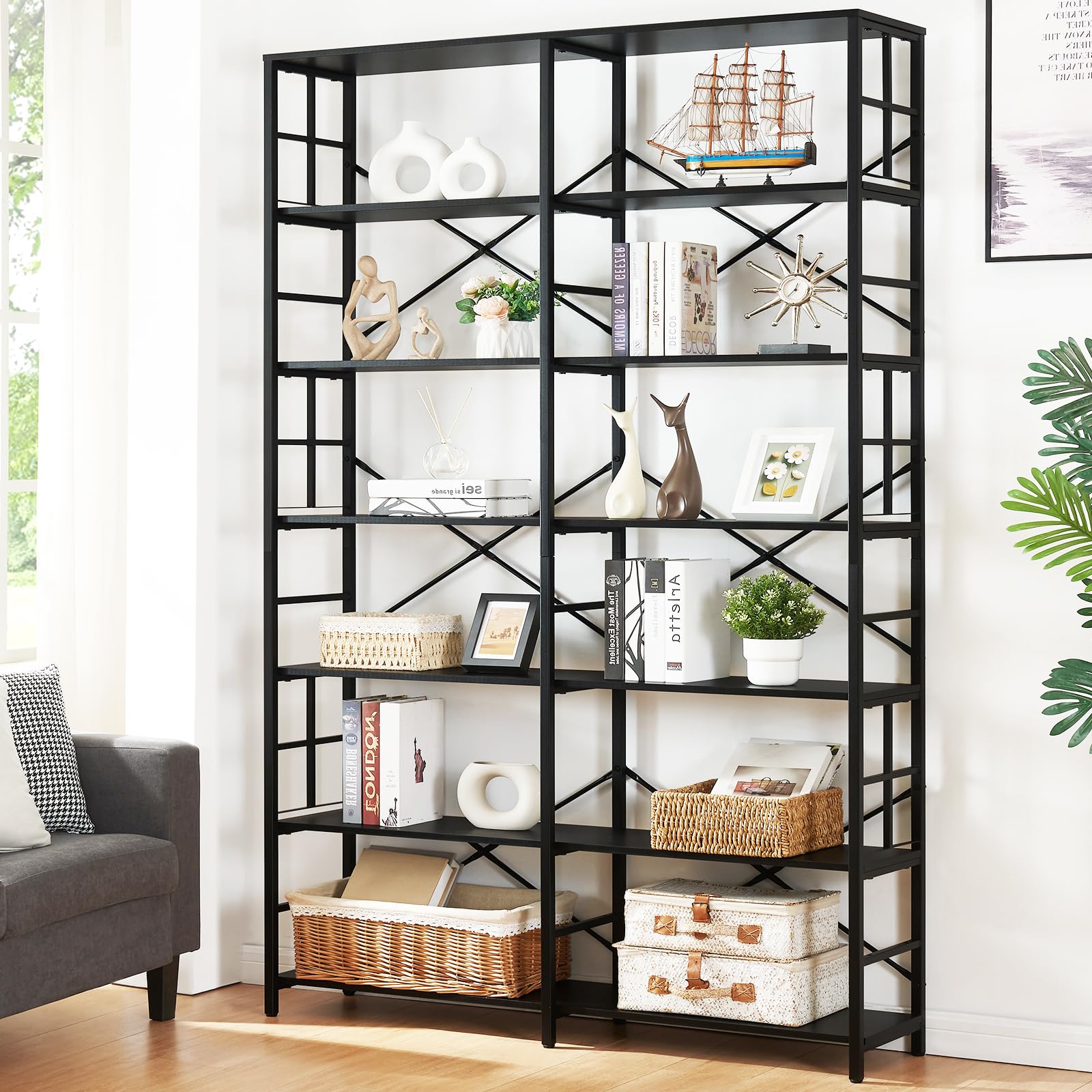 HOMISSUE 84" Double Wide Industrial 7-Tier Black Bookshelf with Open Shelves - WoodArtSupply