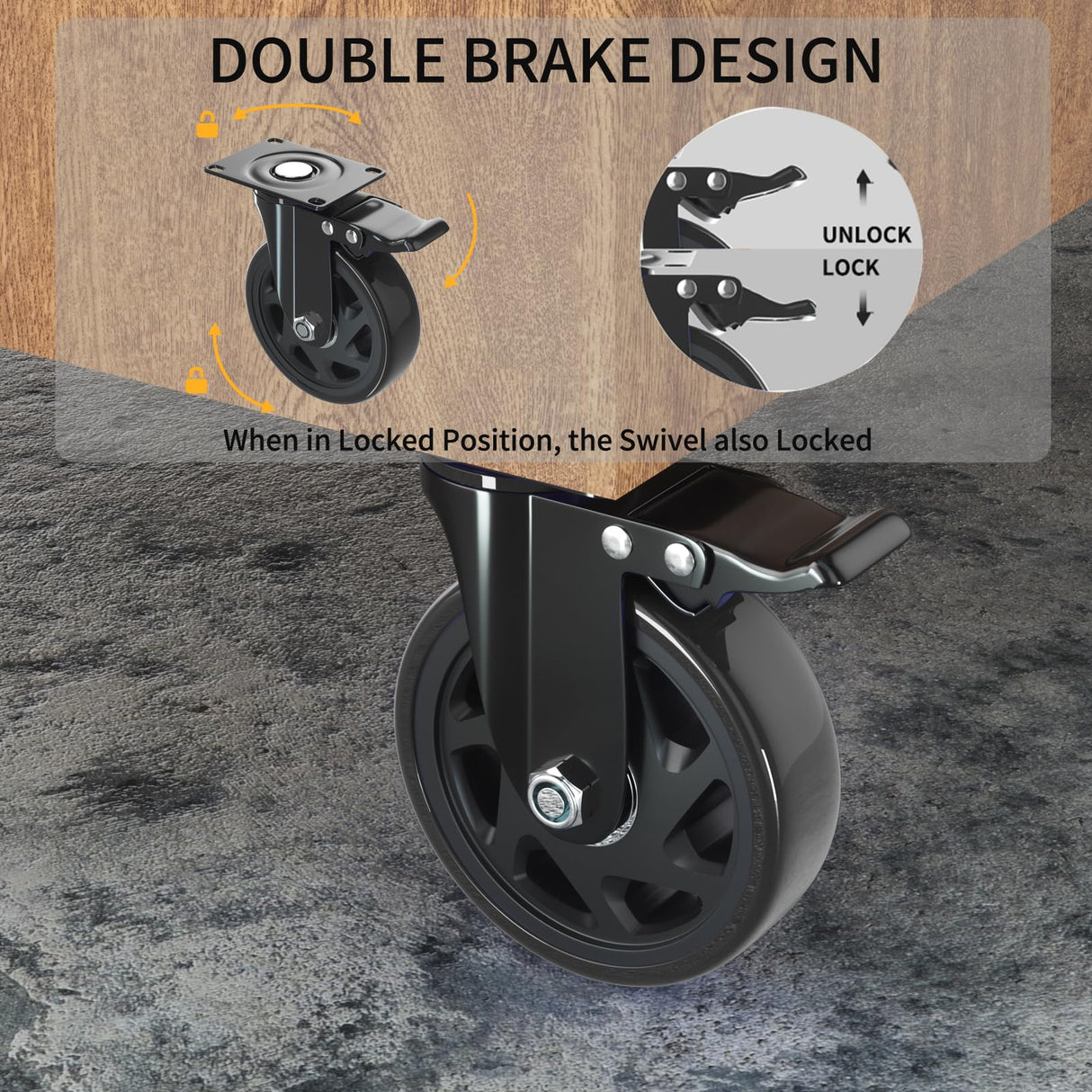 6 Inch Caster Wheels Heavy Duty Casters with Brake, Casters Set of 4 Loading 3000 Lbs, Locking Industrial Swivel Top Plate Casters Wheels for Furniture and Workbench Cart(Two Hardware Kits Included) YUPEZOP