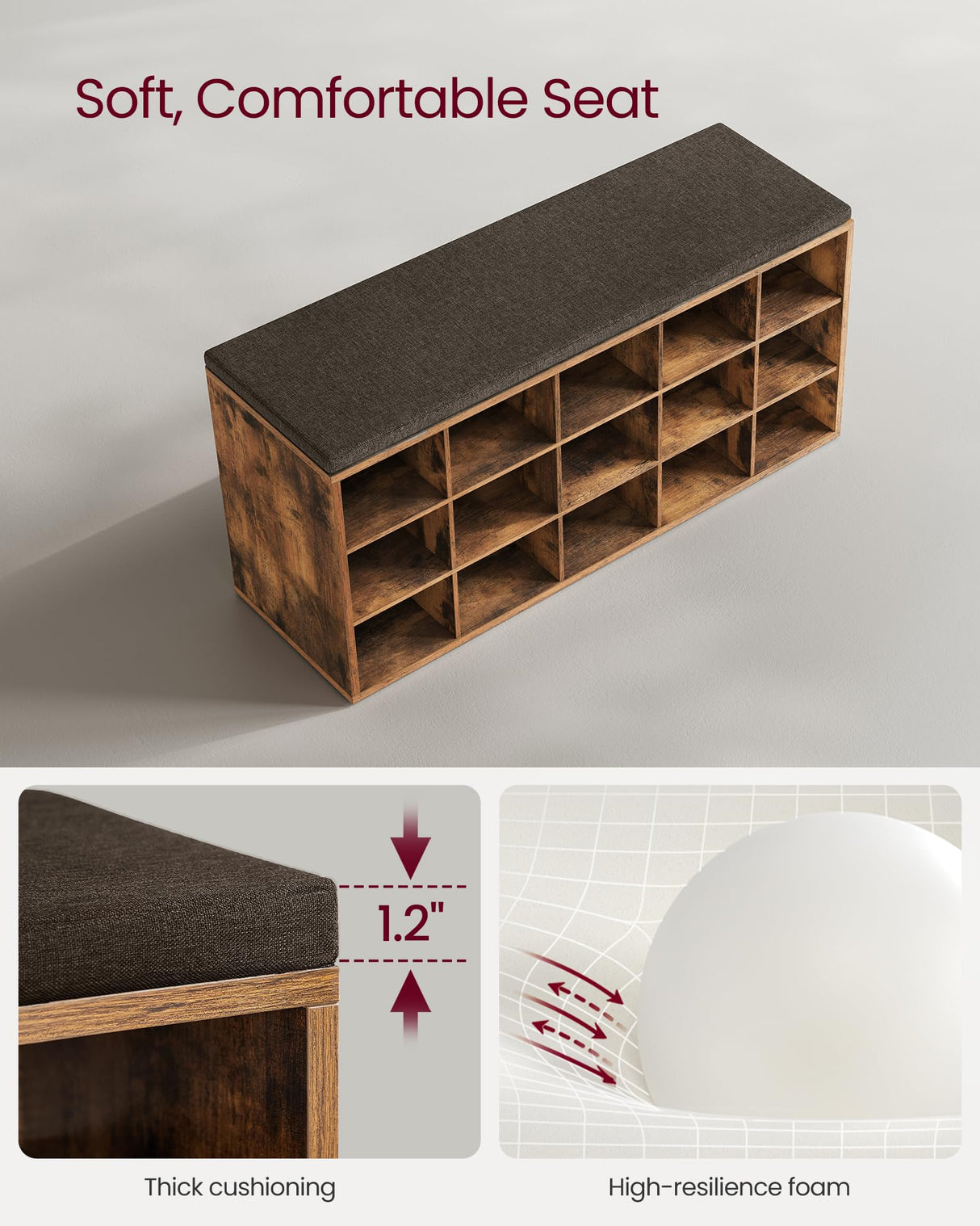 VASAGLE Shoe Bench with Cushion, Storage Bench with Padded Seat, Entryway Bench with 15 Compartments, for Bedroom, 11.8 x 41.3 x 18.9 Inches, Rustic Brown and Chestnut Brown ULHS15BX VASAGLE