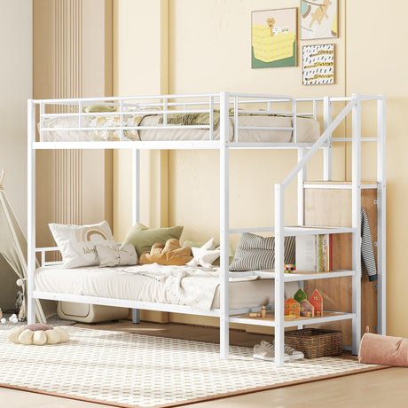 Harper & Bright Designs Metal Bunk Bed with Stairs and Wardrobe, Twin Over Twin Bunk Bed Frame with Storage Ladder, for Kids Teens Adults, White Harper & Bright Designs