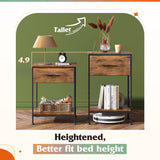 WLIVE Nightstand Set of 2, End Table with Fabric Storage Drawer and Open Wood Shelf, Bedside Furniture with Steel Frame, Side Table for Bedroom, Dorm, Rustic Brown Wood Grain Print, 24.9" Height WLIVE