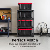 IRIS USA 27 Gallon Heavy Duty Truck Bed Toolbox Storage Tote Bins with Lids, 4 Pack - Made in USA, Tough Snap On Lockable Lid Stackable Industrial Tubs, Garage Organization Reusable Box - Red Iris Ohyama